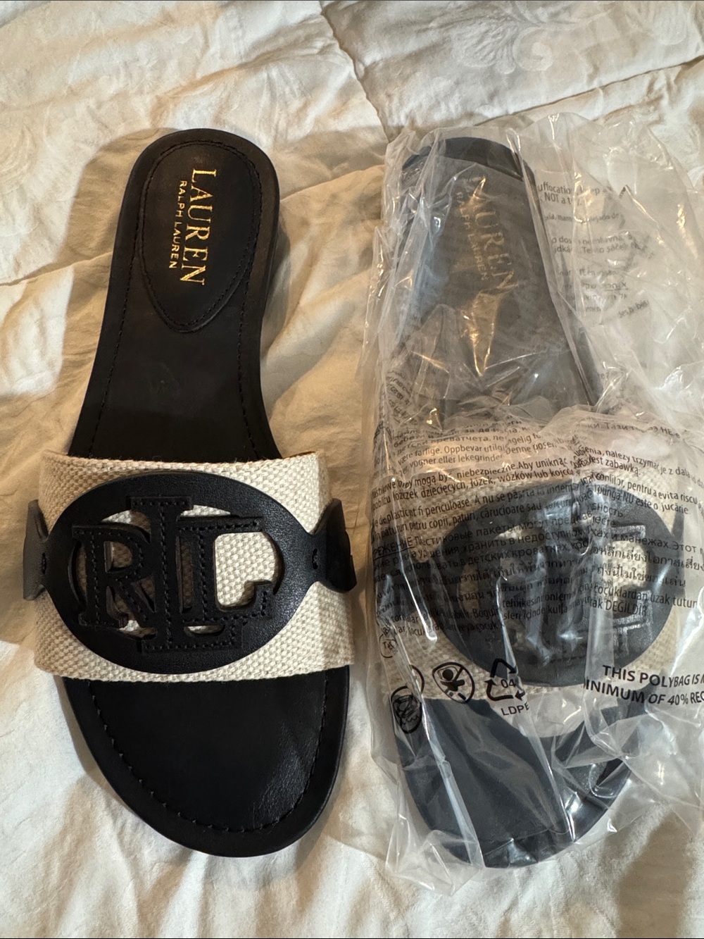 Lauren Ralph Lauren Black and Cream Linen Logo Slide Sandals